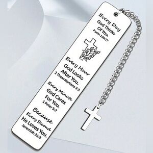 Nice silver thin metal bookmark, chain hanging cross with Loving Bible Quotes